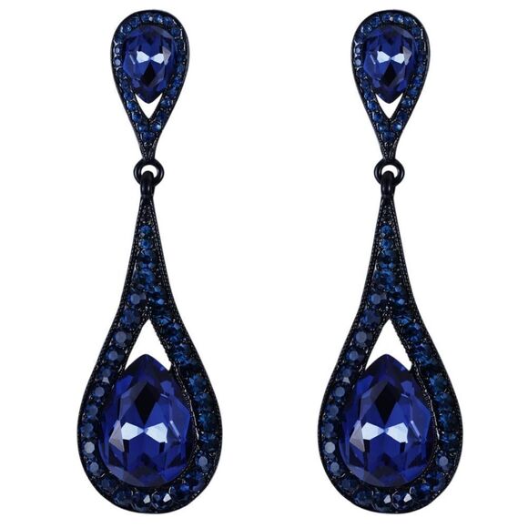 Carbon Black with Deep Sapphire Blue Austrian Crystal Dual Teardrop Earrings - Picture 1 of 4